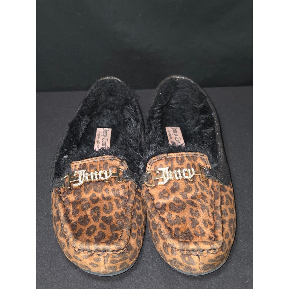 Juicy Couture Leopard Print Slippers Faux Fur Lined Rhinestone‎ Logo Women 10M - Picture 2 of 10